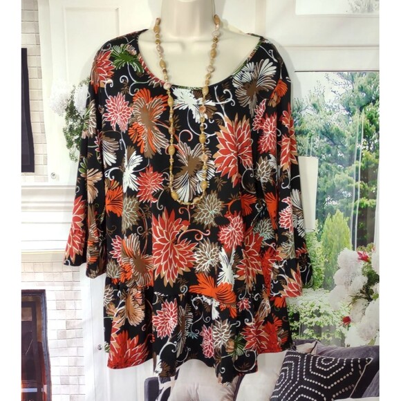 NY Collection Size 1X Top Floral Peplum 3/4 Bell Sleeve Popover Boho Office - Picture 2 of 8